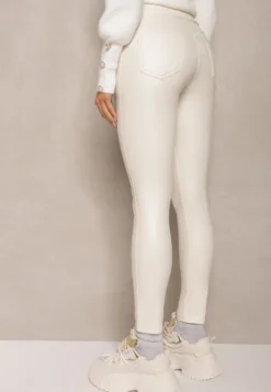 Białe Legginsy High Waist z Imitacjami Kieszeni Salabria