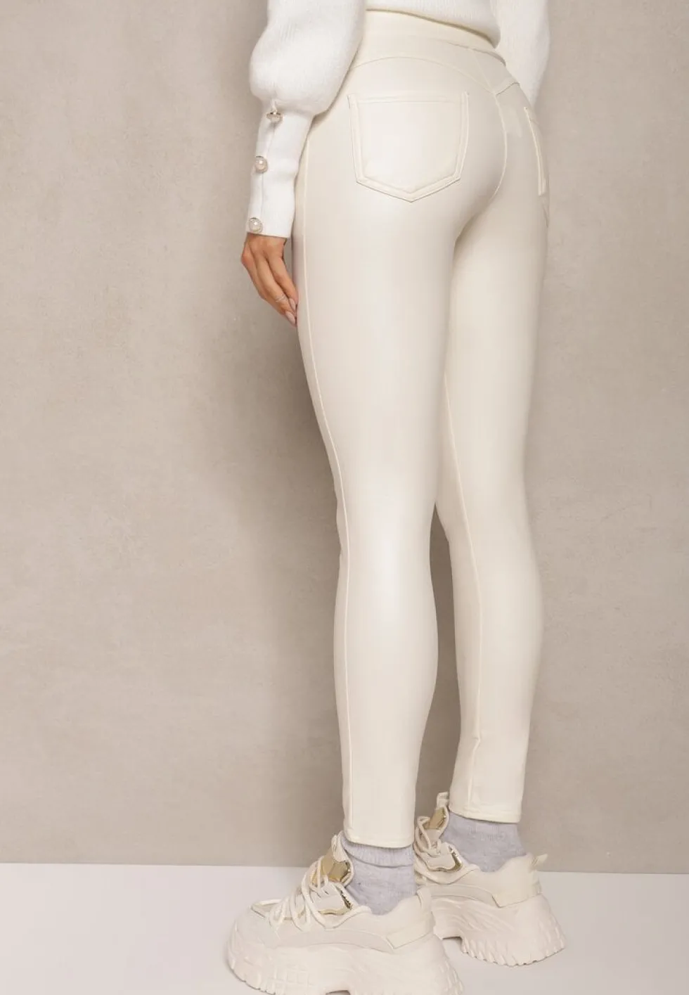 Białe Legginsy High Waist z Imitacjami Kieszeni Salabria