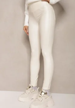 Białe Legginsy High Waist z Imitacjami Kieszeni Salabria