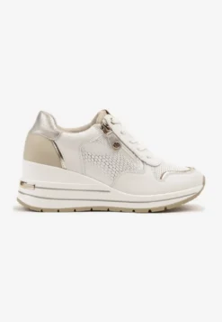 Białe Metaliczne Sneakersy ze Skóry Naturalnej na Koturnie z Ozdobnym Suwakiem Tarivone