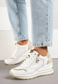 Białe Metaliczne Sneakersy ze Skóry Naturalnej na Koturnie z Ozdobnym Suwakiem Tarivone