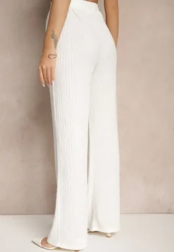 Białe Prążkowane Spodnie High Waist o Szerokim Kroju Belnella