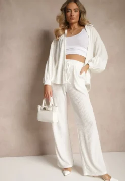 Białe Prążkowane Spodnie High Waist o Szerokim Kroju Belnella
