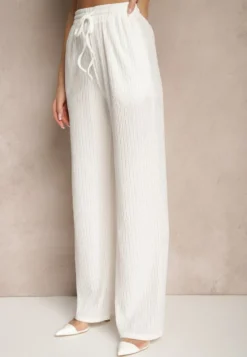 Białe Prążkowane Spodnie High Waist o Szerokim Kroju Belnella