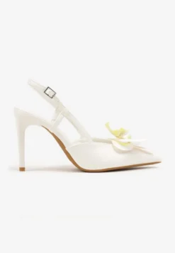 Białe Sandały na Szpilce Vices Slingback z Kwiatem 3D Koviano