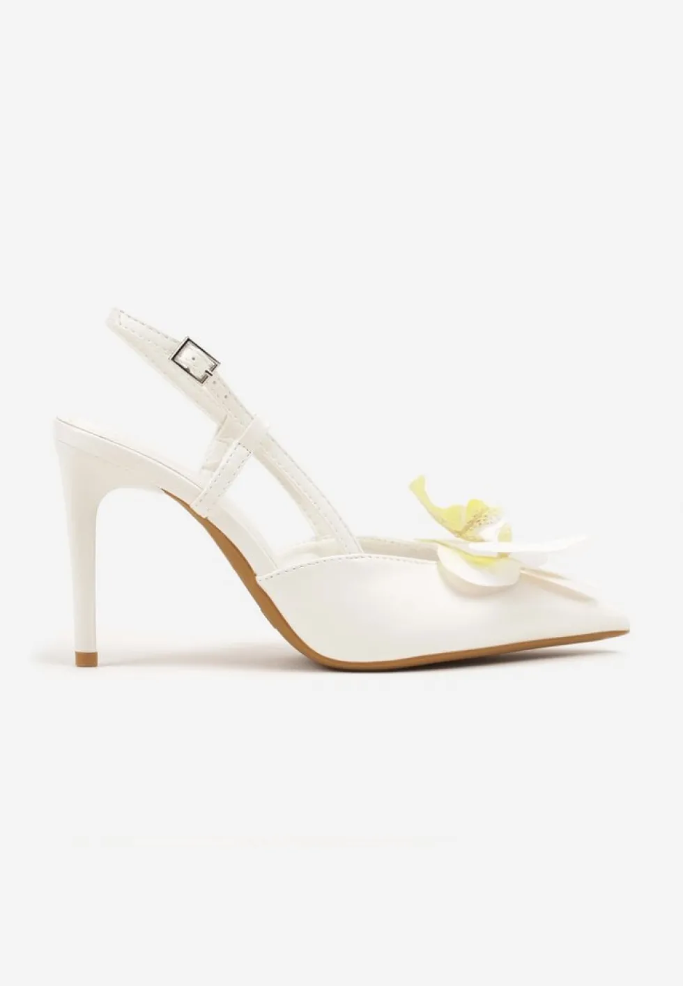 Białe Sandały na Szpilce Vices Slingback z Kwiatem 3D Koviano