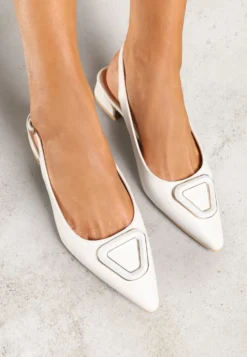 Białe Sandały Vices Typu Slingback na Niskim Obcasie ze Skórzaną Wkładką Geometryczną Ozdobą Lilienia