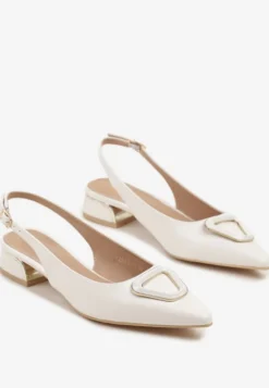 Białe Sandały Vices Typu Slingback na Niskim Obcasie ze Skórzaną Wkładką Geometryczną Ozdobą Lilienia