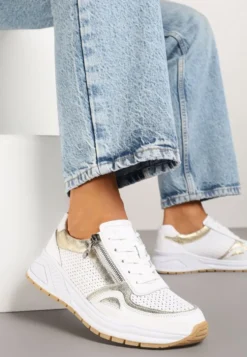 Białe Skórzane Sneakersy z Ozdobną Perforacją i Suwakiem Amiriella