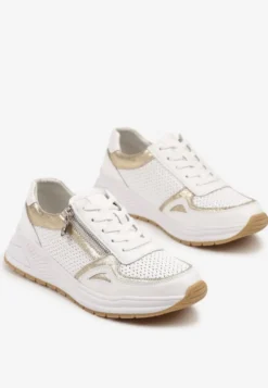Białe Skórzane Sneakersy z Ozdobną Perforacją i Suwakiem Amiriella
