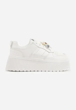 Białe Sneakersy na Grubej Podeszwie z Bieżnikiem Ozdobione Koralikami Melnora