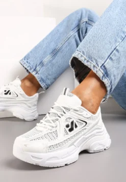 Białe Sneakersy na Grubej Podeszwie Ozdobione Siateczkowymi Wstawkami Korianna