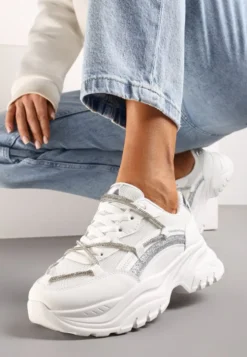 Białe Sneakersy na Grubej Podeszwie Ozdobione Cyrkoniami i Brokatem Klineria