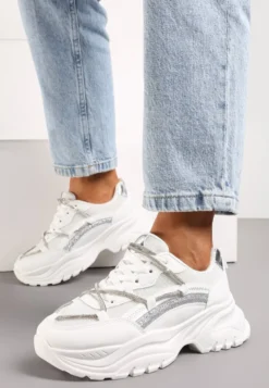 Białe Sneakersy na Grubej Podeszwie Ozdobione Cyrkoniami i Brokatem Klineria