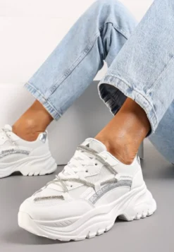Białe Sneakersy na Grubej Podeszwie Ozdobione Cyrkoniami i Brokatem Klineria
