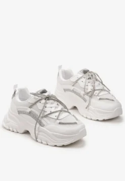 Białe Sneakersy na Grubej Podeszwie Ozdobione Cyrkoniami i Brokatem Klineria