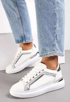 Białe Sneakersy na Grubej Podeszwie z Brokatem Veneli