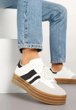 Białe Sneakersy na Grubej Podeszwie z Ozdobnymi Odpinanymi Perłami Ajovia