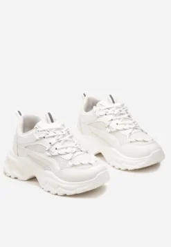 Białe Sneakersy na Masywnej Podeszwie z Siateczkowym Wstawkami i Ozdobnymi Sznurówkami Ollavia