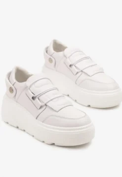 Białe Sneakersy na Platformie ze Skóry Naturalnej z Ozdobnym Paskiem Reselle