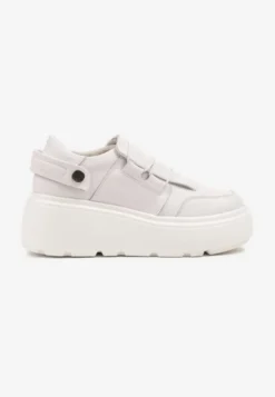 Białe Sneakersy na Platformie ze Skóry Naturalnej z Ozdobnym Paskiem Reselle