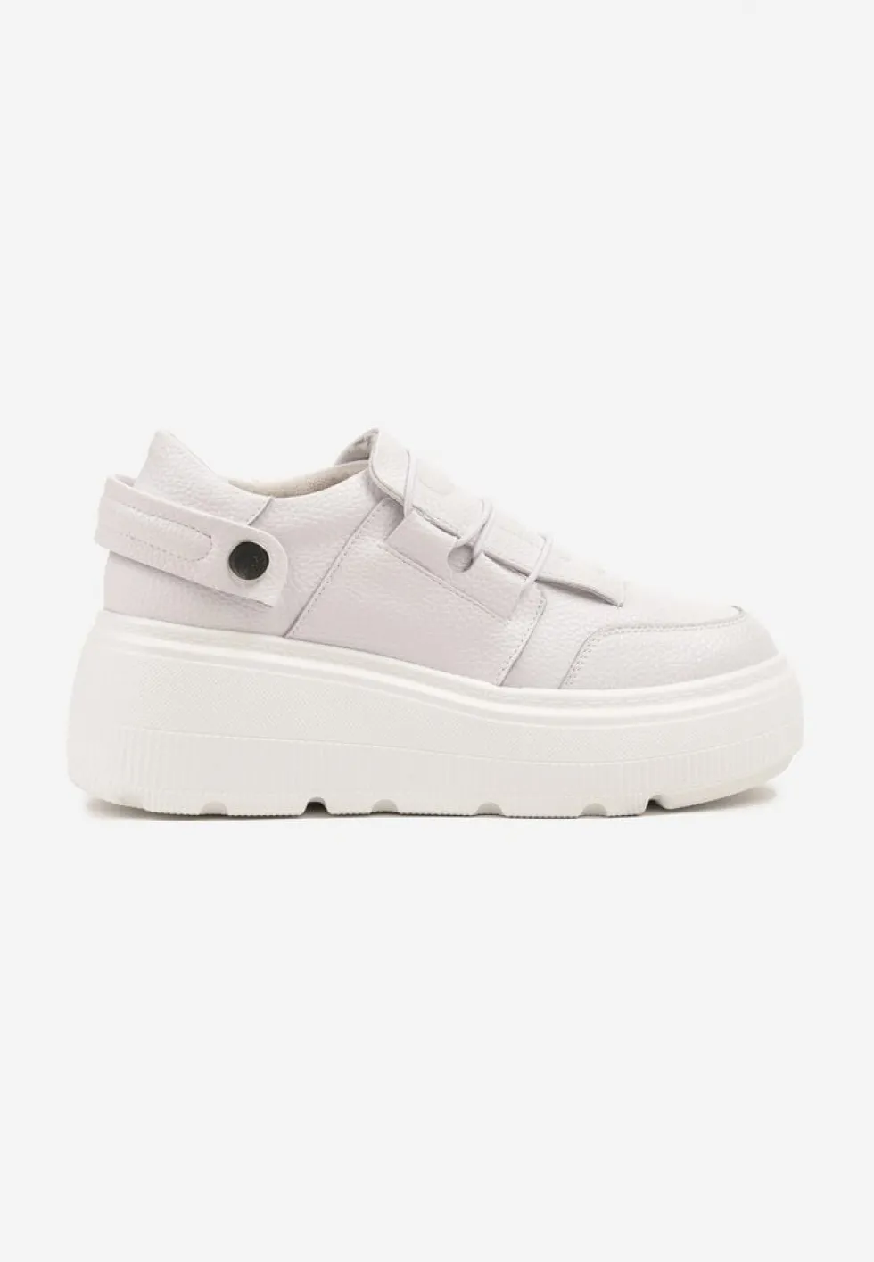 Białe Sneakersy na Platformie ze Skóry Naturalnej z Ozdobnym Paskiem Reselle