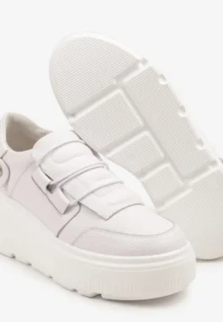Białe Sneakersy na Platformie ze Skóry Naturalnej z Ozdobnym Paskiem Reselle