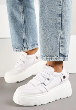 Białe Sneakersy na Platformie ze Skóry Naturalnej z Ozdobnym Paskiem Reselle