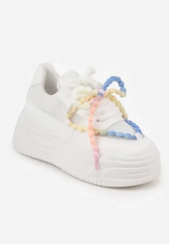Białe Sneakersy na Platformie z Koralikami Amovanna