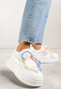 Białe Sneakersy na Platformie z Koralikami Amovanna