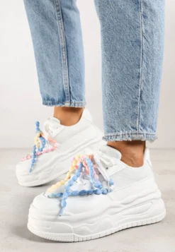 Białe Sneakersy na Platformie z Koralikami Amovanna