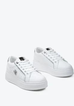 Białe Sneakersy na Platformie z Metaliczną Ozdobą w Kształcie Owada i Brokatem Lientia