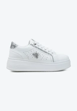 Białe Sneakersy na Platformie z Metaliczną Ozdobą w Kształcie Owada i Brokatem Lientia