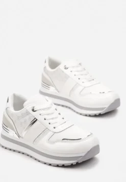 Białe Sneakersy na Podeszwie z Pianki ze Sznurowaniem i Błyszczącymi Detalami Weline