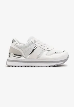 Białe Sneakersy na Podeszwie z Pianki ze Sznurowaniem i Błyszczącymi Detalami Weline