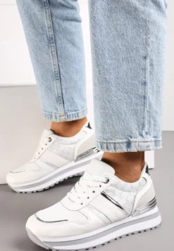 Białe Sneakersy na Podeszwie z Pianki ze Sznurowaniem i Błyszczącymi Detalami Weline