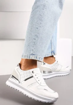Białe Sneakersy na Podeszwie z Pianki ze Sznurowaniem i Błyszczącymi Detalami Weline