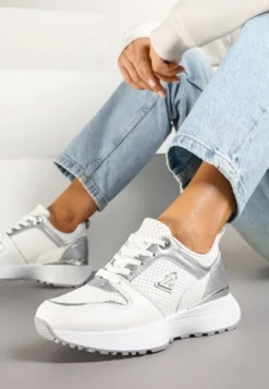 Białe Sneakersy Ozdobione Perforacją i Geometryczną Aplikacją Senilanea