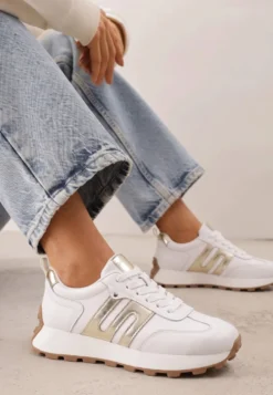 Białe Sneakersy Skórzane w Stylu Sportowym z Ozdobnymi Wstawkami i Przeszyciami Evlinna