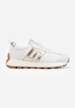 Białe Sneakersy Skórzane w Stylu Sportowym z Ozdobnymi Wstawkami i Przeszyciami Evlinna