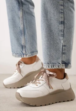 Białe Sneakersy Skórzane z Dwiema Parami Sznurówek na Platformie Crocefissa