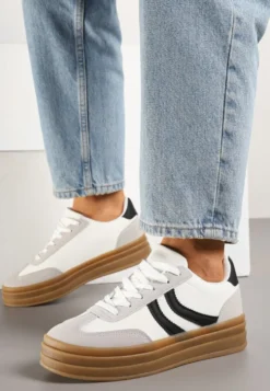 Białe Sneakersy Typu Kultowe Tenisówki na Grubej Podeszwie z Tłoczeniem Lisanitea