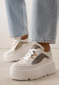 Białe Sneakersy VICES na Koturnie z Brokatowymi Wstawkami Morinatea