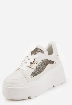 Białe Sneakersy VICES na Koturnie z Brokatowymi Wstawkami Morinatea