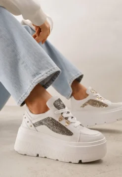 Białe Sneakersy VICES na Koturnie z Brokatowymi Wstawkami Morinatea
