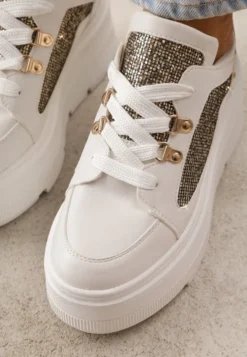 Białe Sneakersy VICES na Koturnie z Brokatowymi Wstawkami Morinatea