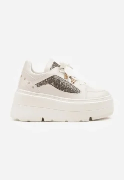Białe Sneakersy VICES na Koturnie z Brokatowymi Wstawkami Morinatea
