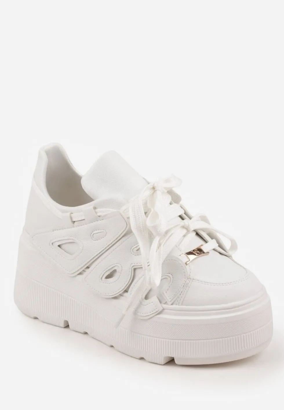 Białe Sneakersy Vices na Płaskiej Podeszwie z Geometryczną Aplikacją Nelenith