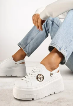 Białe Sneakersy Vices na Platformie z Tłoczeniem Paskiem na Pięcie i Metaliczną Aplikacją Selfedi