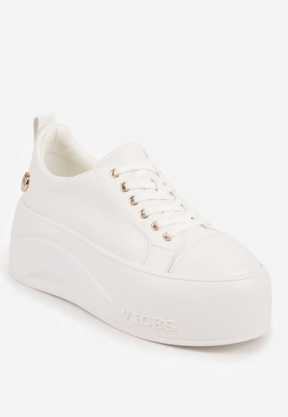 Białe Sneakersy VICES na Platformie z Metaliczną Aplikacją i Napisem Beli